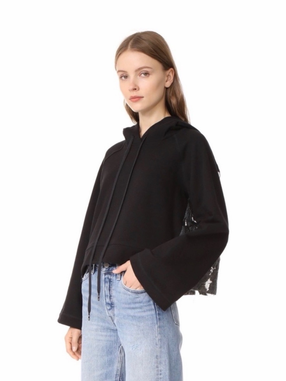 SEA New York Black Cropped Hoodie Lace Back Bell Sleeve Oversized Designer-S